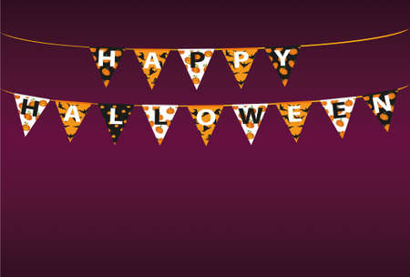 Carnival for holiday with flags of Garland. Festive pattern.  Letters Happy Halloween. Vector. The concept of an invitation to a party. Empty space for text or advertising.のイラスト素材