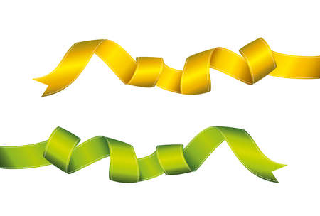 Decorative green and yellow ribbons banner isolated on white. Vector. For a holiday or a party.のイラスト素材