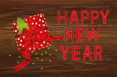 Gift with a Christmas tree and with the letters of a happy new year. Vector. Greeting card for holiday on a wooden background.のイラスト素材