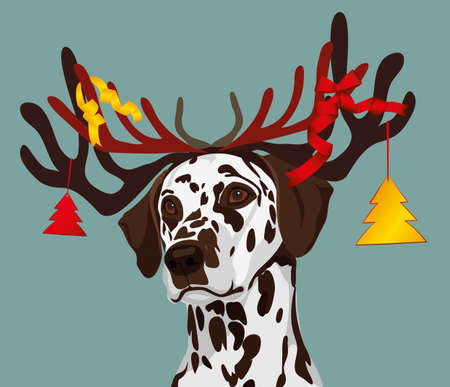 Santa claus dalmatian dog with new year horns with toys, christmas tree and bows. Symbol of the year 2018. Vector.のイラスト素材