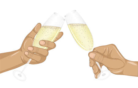Two hands holds a glass of champagne and clink. Merry Christmas and a Happy New Year.Vector. Poster, invitation to a party or a holiday.のイラスト素材