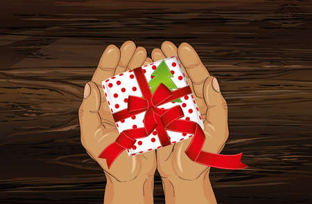 Hands stretch a gift box with a bow and a Christmas tree. View from above. Greeting card or invitation for the New Year holiday.のイラスト素材