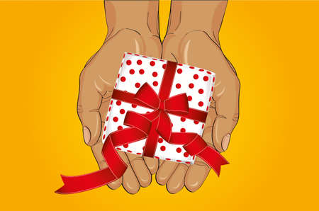 Hands stretch a gift box with a bow. View from above. Greeting card or invitation for the holiday.のイラスト素材