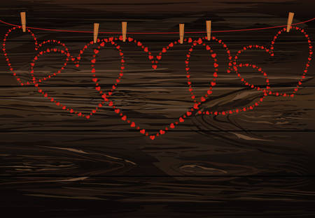 Red hearts hanging on a rope with clothespins. Valentine's Day. Vector illustration. Greeting card with empty space for your label or advertising. On a wooden background.のイラスト素材