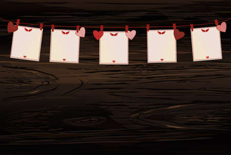 Red hearts and blanks paper with a picture hanging on a rope. Valentine's Day. Vector illustration. Greeting card with empty space for your label or advertising.のイラスト素材