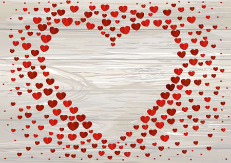 The composition of red hearts. Valentine's Day. Greeting card.Vector illustration on a wooden...
