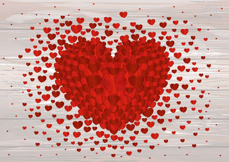 The composition of red hearts.Confetti. Valentine's Day. Greeting card. Vector illustration on a wooden background.のイラスト素材