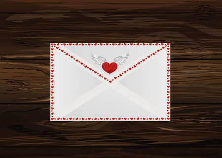 Closed envelope with hearts on the perimeter. Valentine's Day. Greeting card. Vector illustration on wooden background.のイラスト素材