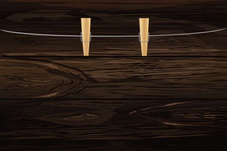 Wooden Cloth pegs hanging on a rope. Empty space for your advertising. Greeting card. Vector illustration Against the background of a table of boards.のイラスト素材