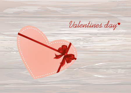 Paper heart with a red bow and ribbon. Valentine's Day. Greeting card. Empty space for your ad or inscriptions. Vector illustration on a wooden background.のイラスト素材