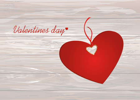 Paper heart with a red bow and ribbon. Valentine's Day. Greeting card. Empty space for your ad or inscriptions. Vector illustration on a wooden backgroundのイラスト素材
