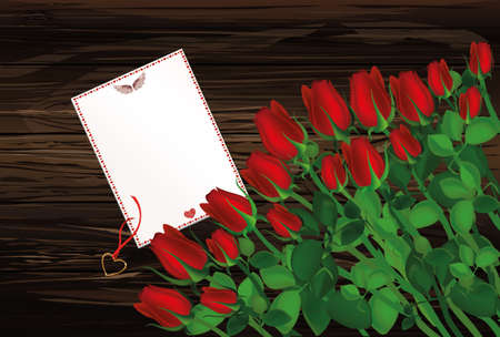 Beautiful red flowers. Roses with blank and gift Pendant in the shape of a heart. Golden necklace. Empty space for your ad or inscriptions or messages. Postcard on Valentine's wedding and birthday. Free place. Vector illustration on a wooden background.のイラスト素材