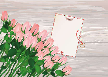 Beautiful pink flowers. Roses with blank and gift Pendant in the shape of a heart. Golden necklace. Empty space for your ad or inscriptions or messages. Postcard on Valentine's wedding and birthday. Free place. Vector illustration on a wooden background.のイラスト素材