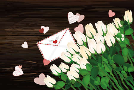 Beautiful  white flowers. Roses with envelope and hearts. Empty space for your ad or inscriptions or messages. Postcard on Valentine's wedding and birthday. Free place. Vector illustration on a wooden background.のイラスト素材