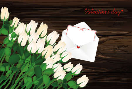 Beautiful  white flowers. Roses with envelope and hearts. Empty space for your ad or inscriptions or messages. Postcard on Valentine's wedding and birthday. Free place. Vector illustration on a wooden background.のイラスト素材