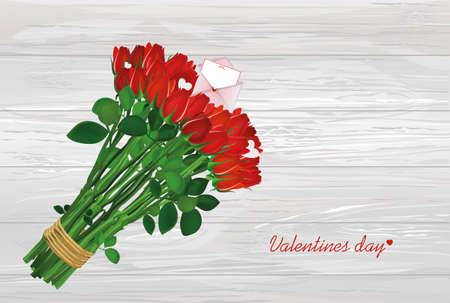 Bouquet of red flowers. Roses tied with a rope with envelope and blank and hearts. Empty space for your ad or inscriptions or messages. Postcard on Valentine's wedding and birthday. Free place. Vector illustration on a wooden background.のイラスト素材