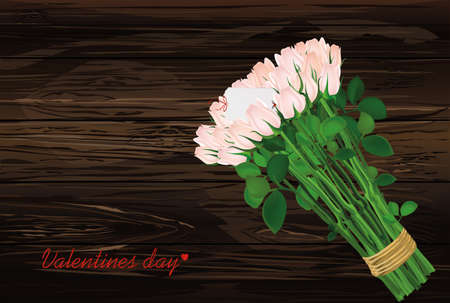 Bouquet of pink flowers. Roses tied with a rope with envelope and blank and hearts. Empty space for your ad or inscriptions or messages. Postcard on Valentine's wedding and birthday. Free place. Vector illustration on a wooden background.のイラスト素材
