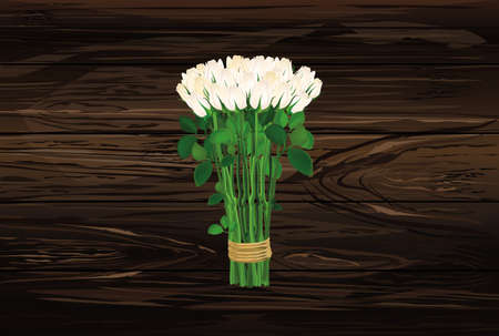 Bouquet of white flowers. Roses tied with a rope. Greeting card for Valentine's Day wedding and birthday. Empty space for your text or advertisement. Vector illustration on a wooden background.のイラスト素材