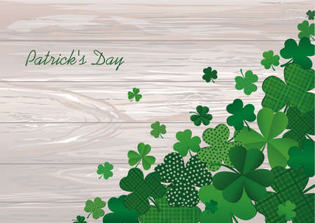 Many decorative clover. A pile of multicolored trelistnikov are on the table.St.Patrick 's Day. Vector illustration. Greeting card with empty space for text or advertising. On a wooden background.のイラスト素材