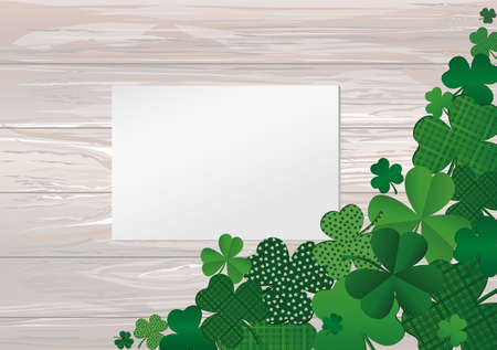 Many breeds of clover on the table. Empty blank sheet for advertising or text. Greeting card for St. Patrick's Day celebration. Vector illustration on a  wooden background.のイラスト素材