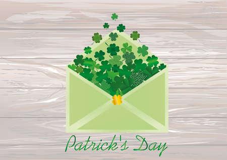 Envelope with green clover inside. St.Patrick 's Day. Vector illustration. Greeting card with empty space for text or advertising. On wooden background.のイラスト素材