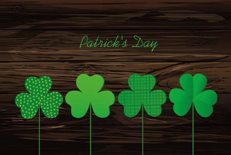 Petals of clover with the image on sticks. pozdavitelnaya card for St. Patrick's Day with a blank space for text or advertising. Vector illustration on a wooden background.のイラスト素材