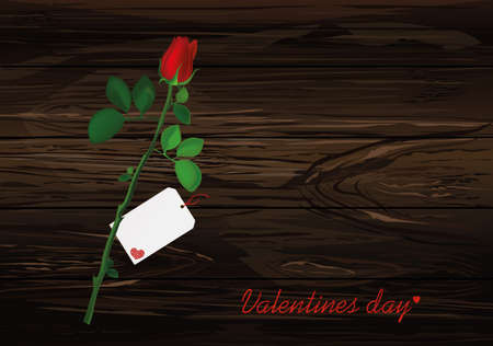 One pink flower with red bow and ribbon and with empty blank card for message or text. Rose. Greeting card for Valentine's Day wedding and birthday. Empty space for your text or advertisement. Vector illustration on wooden background.のイラスト素材