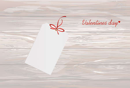 Gift card tied with a red heart. Vector. Valentine's Day. On wooden background Greeting card for the holiday.のイラスト素材