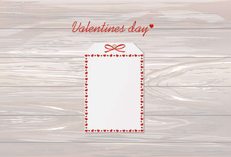 Gift card tied with a red heart. Vector. Valentine's Day. On wooden background Greeting card for the holiday.のイラスト素材
