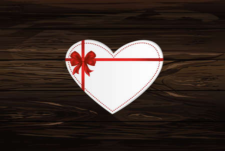 Paper heart with a red bow and ribbon. Valentine's Day. Greeting card. Empty space for your ad or inscriptions. Vector illustration on a wooden background.のイラスト素材