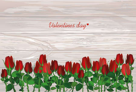 Beautiful red flowers. Roses. Empty space for your ad or inscriptions or messages. Postcard on Valentine's wedding and birthday. Free place. Vector illustration on wooden background.のイラスト素材