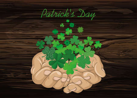 The gesture of the open hands. From the hands of fly sheets clover. Patrick's day. Greeting card....