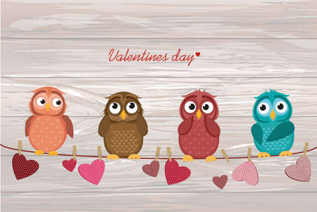 Four cute colored owlet sitting on a string. A red hearts with a picture hanging on a rope.  Valentine's Day. Vector illustration. Greeting card with empty space for the label or advertising. On wooden background.のイラスト素材