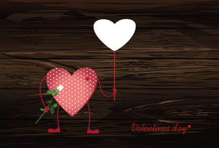 Red hearts with legs, Hands holding empty blank page for your text or advertisement and flower rose on a wooden background.のイラスト素材