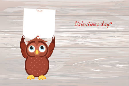 Cute colored owlet holding a blank poster on a wooden background.のイラスト素材
