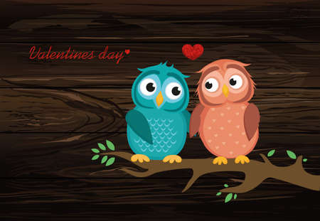 A pair of cute owlet sitting on a branch. Owls in love hearts around them. Greeting card for Valentine's Day. Vector illustration on wooden background.のイラスト素材
