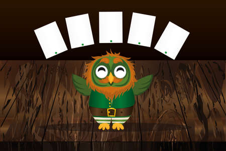 A happy owl with a beard in a suit and hat on St. Patrick's day smiles and Raise your wings and throw blank pages for your text or advertisement. Greeting card or invitation. Vector illustration.のイラスト素材