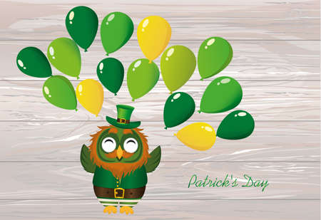 A happy owl with a beard in a suit and a hat on St. Patrick's Day smiles and throws a lot of green balloons. Greeting card or invitation. Vector illustration. Empty space for text labels and advertising.のイラスト素材