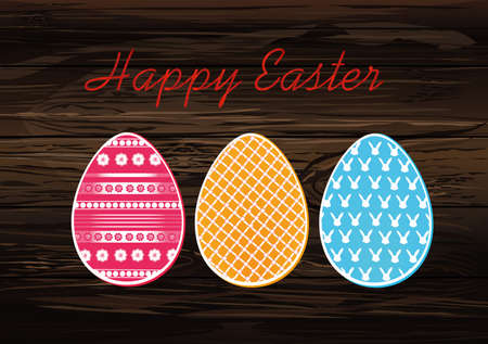 Easter red eggs with a pattern. Greeting card for the holiday. Free space for text. Vector on wooden background.のイラスト素材