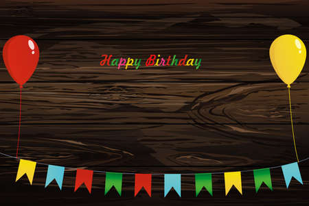Colorful bunting on a rope with balloons. Garland of flags. Greeting card or birthday invitation. Empty space for text or your advertisement. Vector on wooden background.のイラスト素材