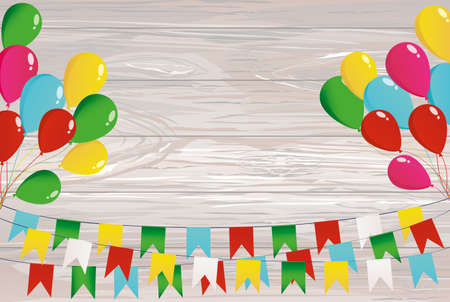 Colorful bunting on a rope with balloons. Garland of flags. Greeting card or birthday invitation. Empty space for text or your advertisement. Vector on wooden background.のイラスト素材