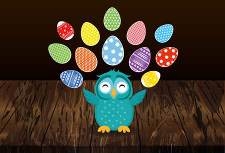 A cute owl has a happy smile and turns many colorful Easter eggs. Greeting card for the holiday. A blank space for your text or advertising. Vector on wooden background.のイラスト素材