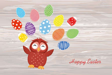 A cute owl has a happy smile and turns many colorful Easter eggs. Greeting card for the holiday. A blank space for your text or advertising. Vector on wooden background.のイラスト素材