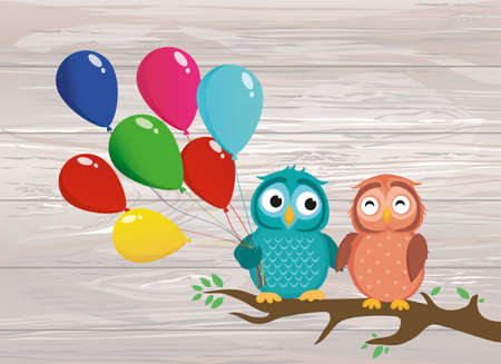 A pair of cute owlet sitting on a branch and holding many colorful balloons. Greeting card for Valentine's Day and  birthday invitation. Vector illustration on wooden background.のイラスト素材