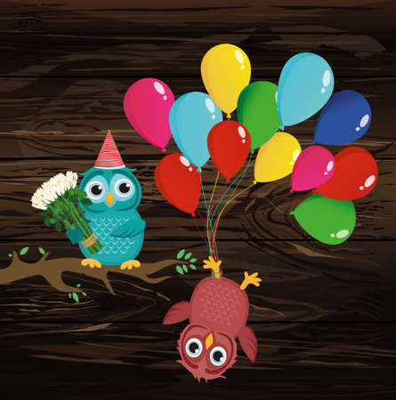 Greeting card or invitation for a birthday and a holiday. The owl hangs upside down on the balloons. And an owlet on a branch with a bouquet of flowers roses. Vector.
Empty space for text and advertising.のイラスト素材