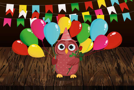 Lovely multicolored owlet keep empty pages and blank for your text or advertisement. Love Greeting card for the holiday. Vector illustration on a wooden background. Free place.のイラスト素材