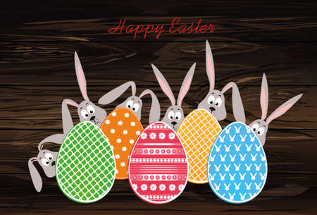 Rabbits and painted colorful easter eggs on wooden background. Vector illustration.のイラスト素材