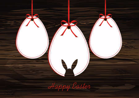 Easter eggs from paper hang on a tape with bows. Greeting card or invitation for a holiday. Free space for text. Vector on wooden background.
のイラスト素材
