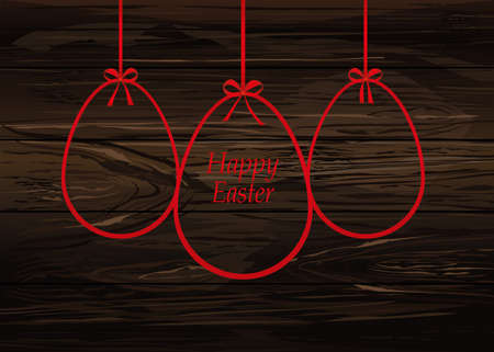 Easter ribbon egg. Red bow. Greeting card or invitation for a holiday. Empty place for text or advertising. Vector on wooden background.のイラスト素材