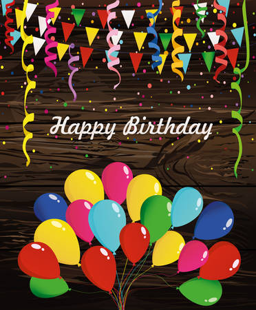 Colorful multicolored confetti and garland of flags and balloons. Holiday birthday. Vector on wooden background for Greeting card or invitation.のイラスト素材